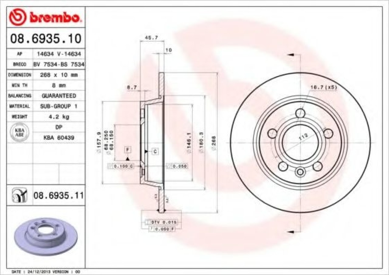 Disc frana FORD GALAXY (WGR) (1995 - 2006) BREMBO 08.6935.11 piesa NOUA