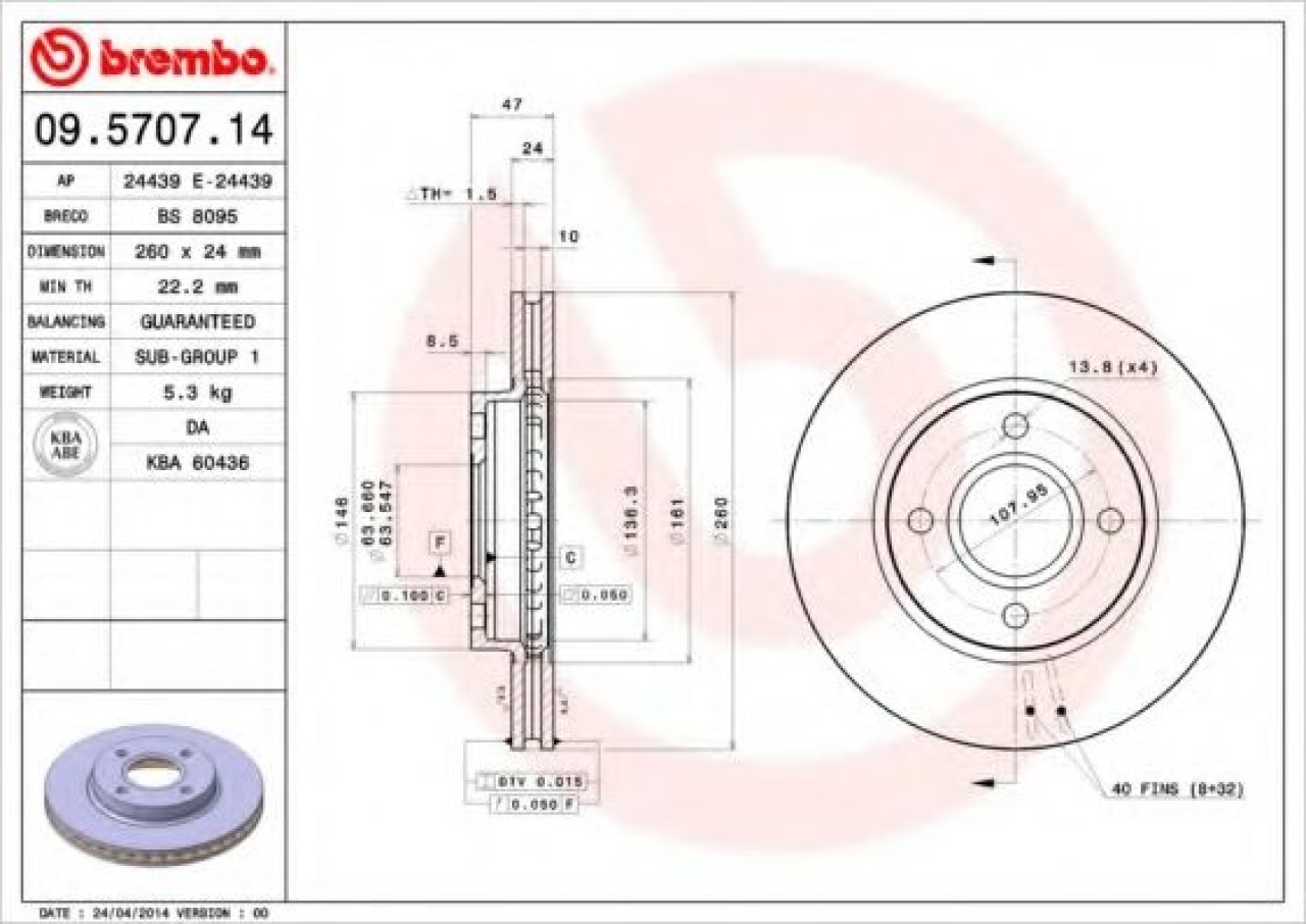 Disc frana FORD MONDEO II Combi (BNP) (1996 - 2000) BREMBO 09.5707.14 piesa NOUA