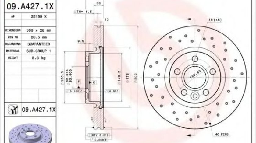 Disc frana FORD MONDEO IV Turnier (BA7) (2007 - 2016) BREMBO 09.A427.1X piesa NOUA