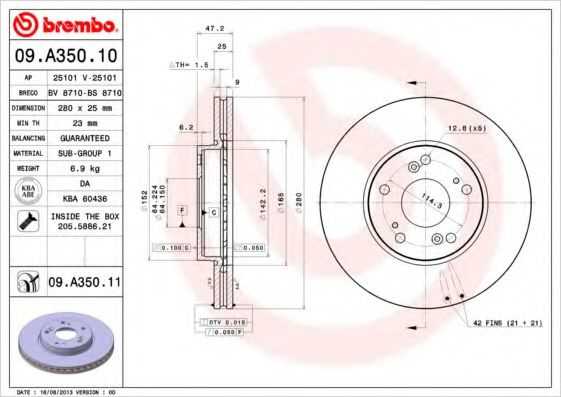 Disc frana HONDA ACCORD VII (CL) (2003 - 2008) BREMBO 09.A350.11 piesa NOUA