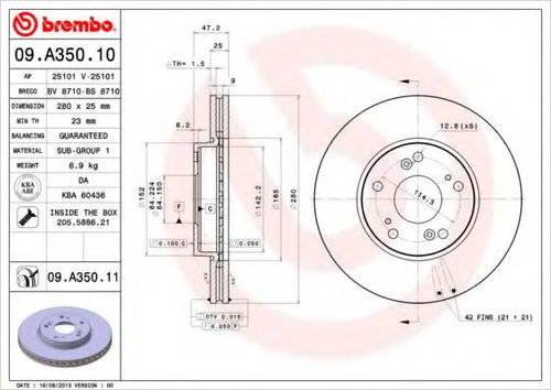 Disc frana HONDA ACCORD VII (CL) (2003 - 2008) BREMBO 09.A350.11 piesa NOUA