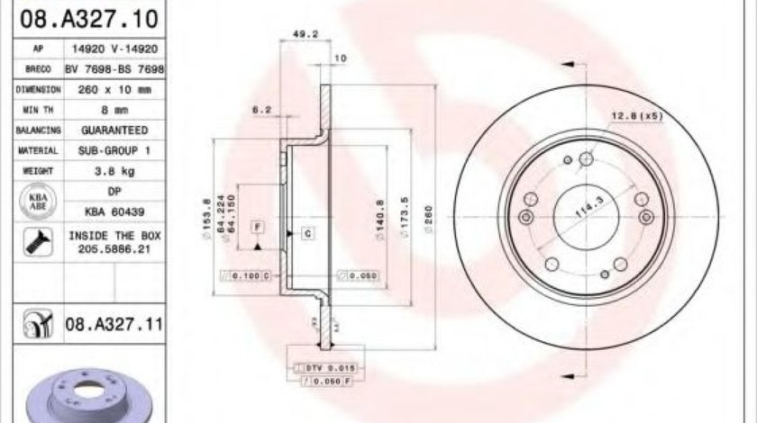 Disc frana HONDA ACCORD VII (CL) (2003 - 2008) BREMBO 08.A327.10 - produs NOU