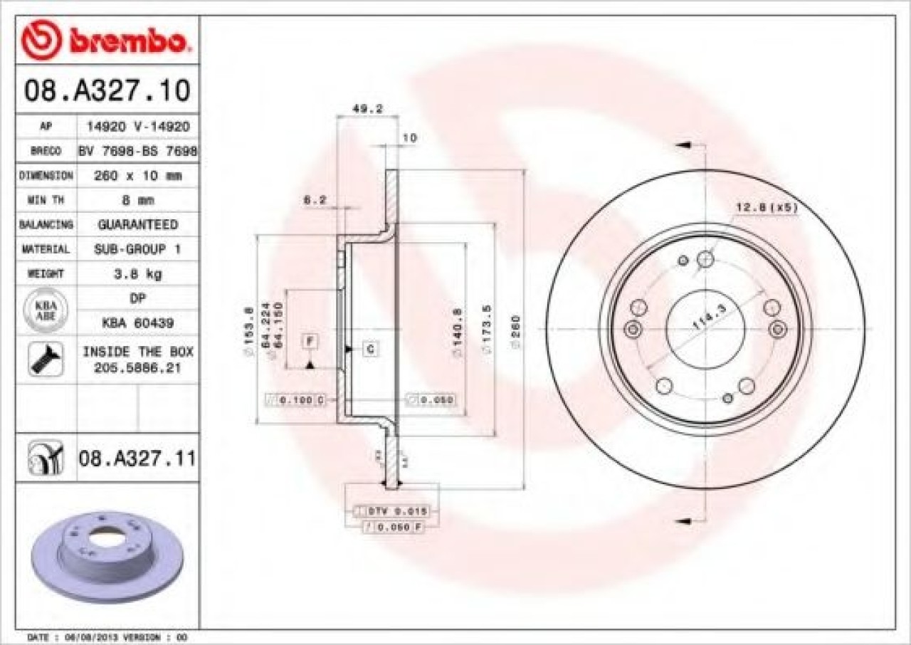 Disc frana HONDA ACCORD VII (CM) (2002 - 2008) BREMBO 08.A327.11 piesa NOUA