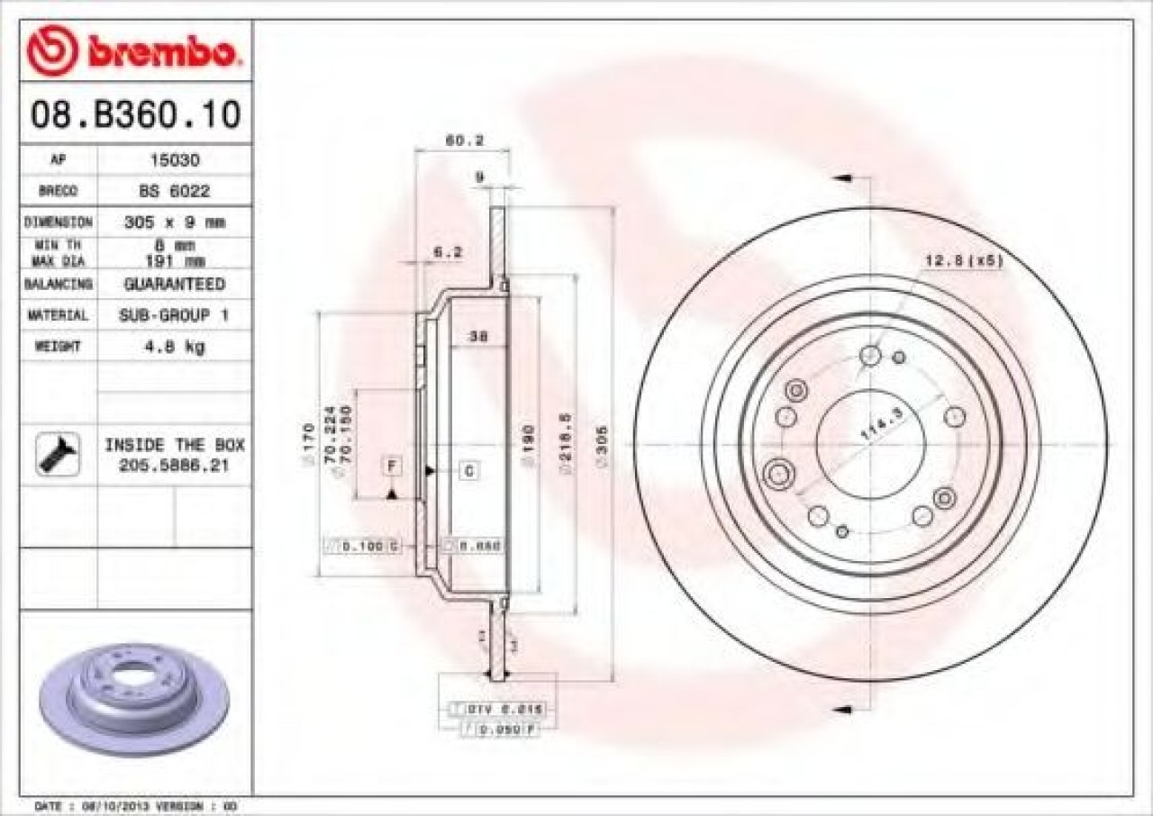 Disc frana HONDA ACCORD VIII (CU) (2008 - 2016) BREMBO 08.B360.10 piesa NOUA