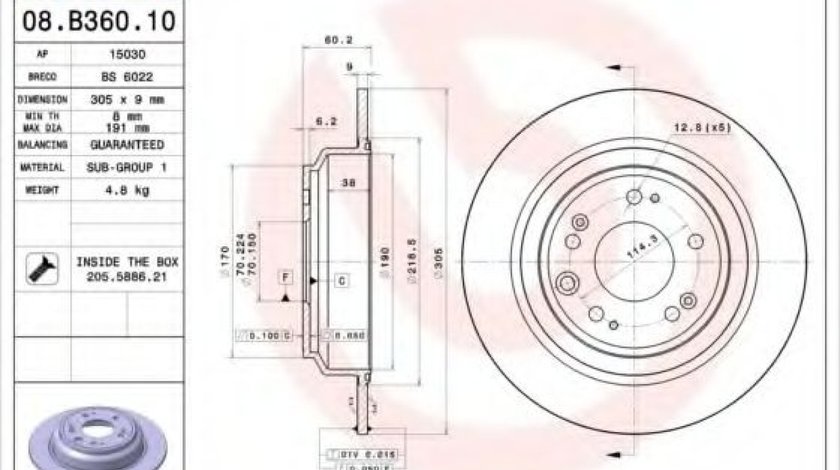 Disc frana HONDA ACCORD VIII (CU) (2008 - 2016) BREMBO 08.B360.10 - produs NOU