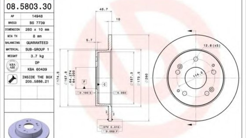 Disc frana HONDA CIVIC VII Hatchback (EU, EP, EV) (1999 - 2006) BREMBO 08.5803.30 piesa NOUA