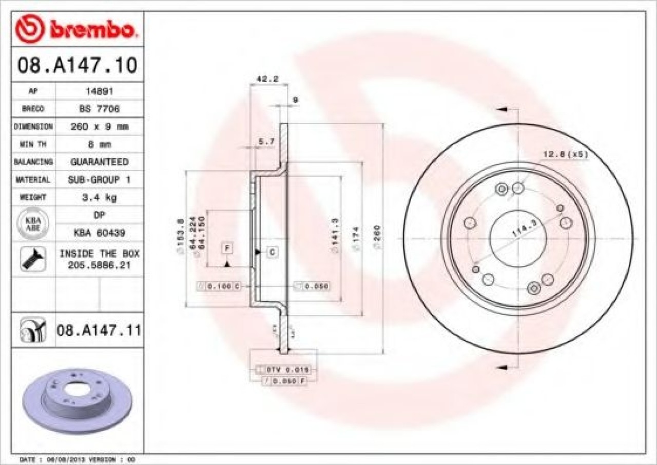 Disc frana HONDA CIVIC VIII Hatchback (FN, FK) (2005 - 2012) BREMBO 08.A147.11 piesa NOUA