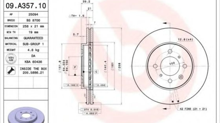 Disc frana HONDA JAZZ II (GD) (2002 - 2008) BREMBO 09.A357.10 piesa NOUA