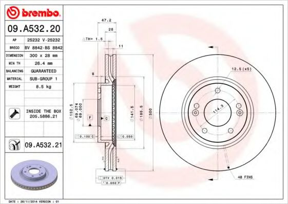 Disc frana HYUNDAI i30 CW (FD) (2007 - 2012) BREMBO 09.A532.21 piesa NOUA