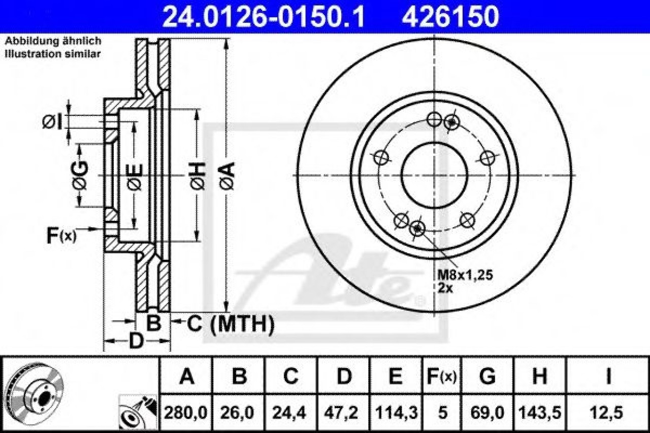 Disc frana HYUNDAI i30 (FD) (2007 - 2011) ATE 24.0126-0150.1 piesa NOUA