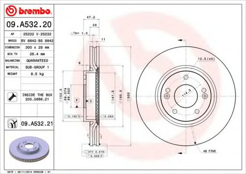 Disc frana HYUNDAI i30 (GD) (2011 - 2016) BREMBO 09.A532.21 piesa NOUA