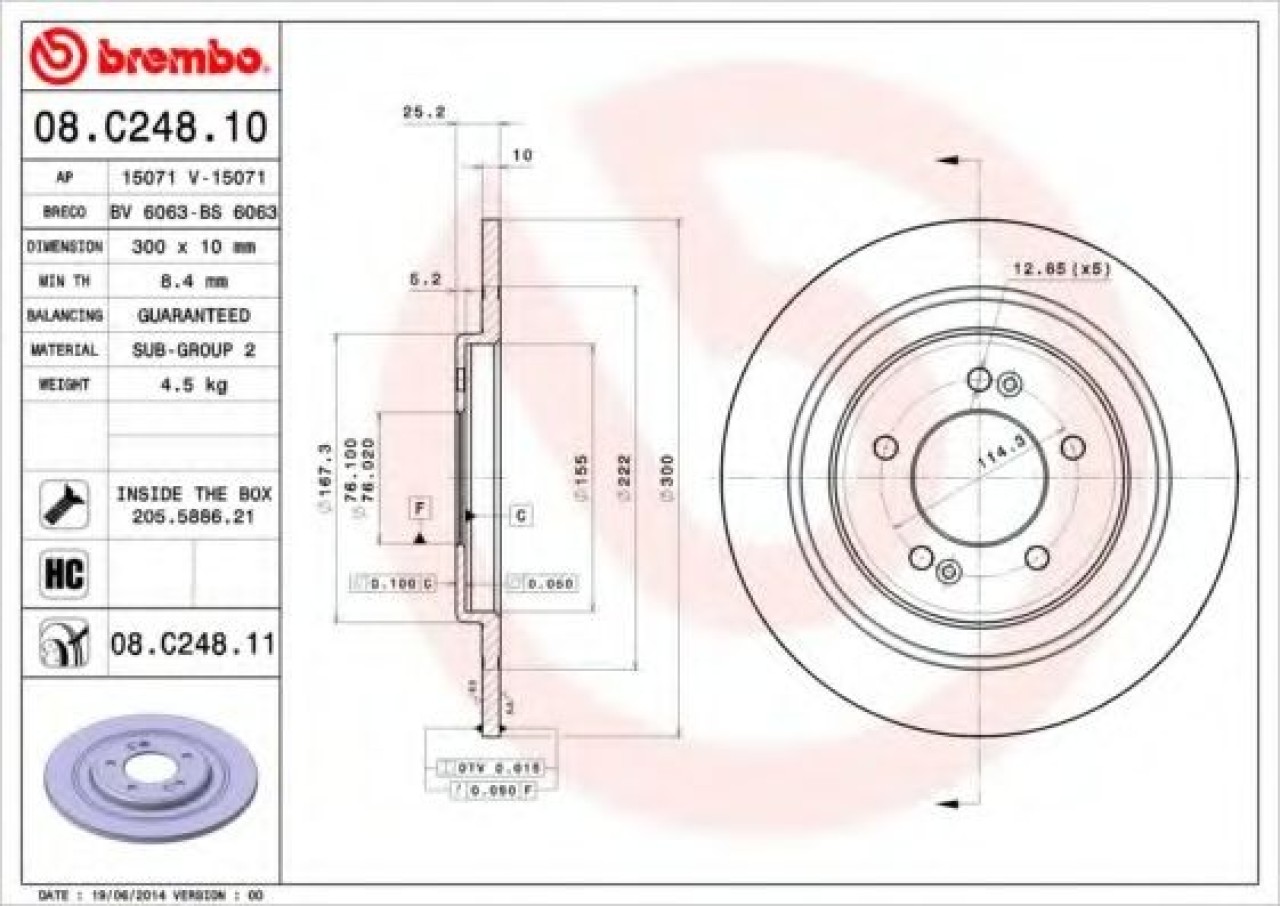 Disc frana HYUNDAI i40 CW (VF) (2011 - 2016) BREMBO 08.C248.11 piesa NOUA