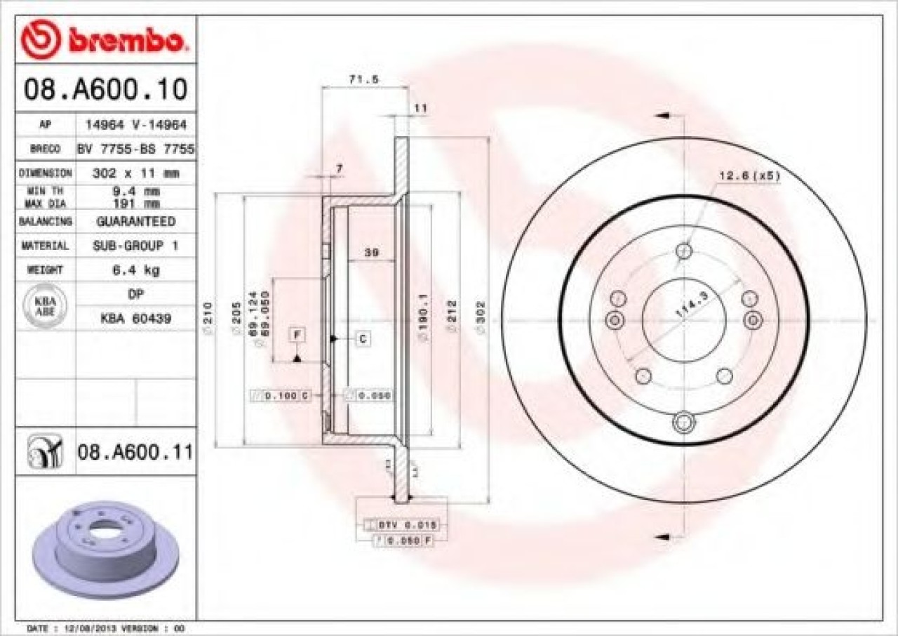Disc frana HYUNDAI SANTA FE II (CM) (2005 - 2012) BREMBO 08.A600.11 piesa NOUA