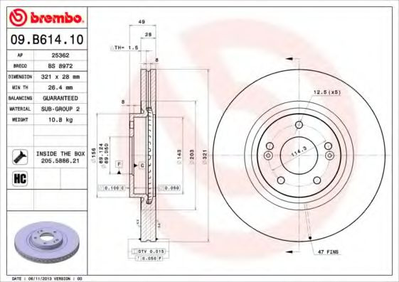 Disc frana HYUNDAI SANTA FE III (DM) (2012 - 2016) BREMBO 09.B614.10 piesa NOUA