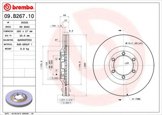 Disc frana ISUZU D-MAX (TFR, TFS) (2012 - 2016) BREMBO 09.B267.10 piesa NOUA