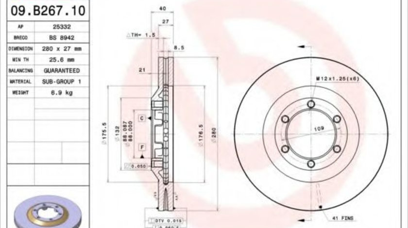 Disc frana ISUZU D-MAX (TFR, TFS) (2012 - 2016) BREMBO 09.B267.10 piesa NOUA