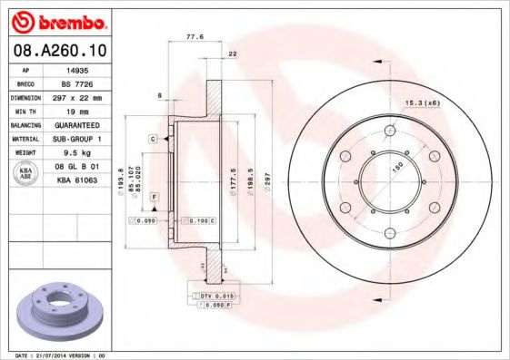 Disc frana IVECO DAILY IV platou / sasiu (2006 - 2011) BREMBO 08.A260.10 piesa NOUA