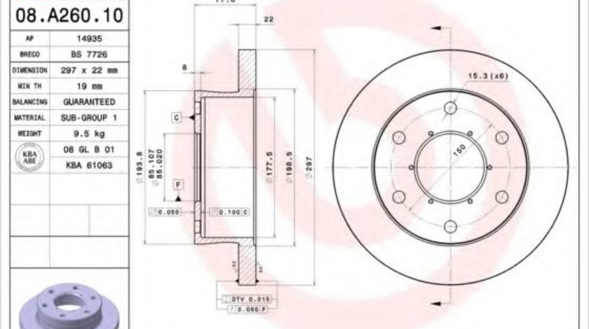 Disc frana IVECO DAILY IV platou / sasiu (2006 - 2011) BREMBO 08.A260.10 piesa NOUA