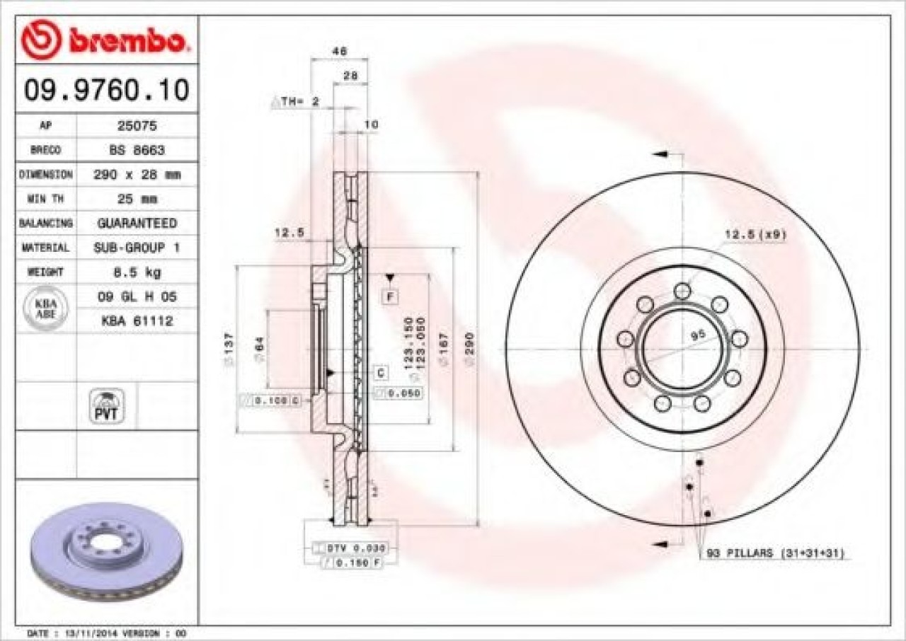 Disc frana IVECO DAILY V autobasculanta (2011 - 2014) BREMBO 09.9760.10 piesa NOUA