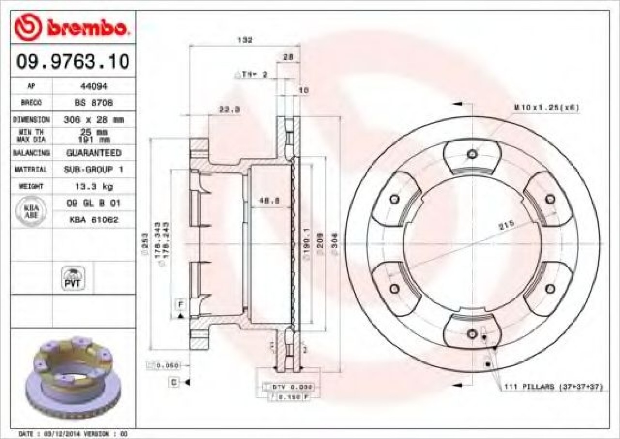 Disc frana IVECO DAILY V platou / sasiu (2011 - 2014) BREMBO 09.9763.10 piesa NOUA