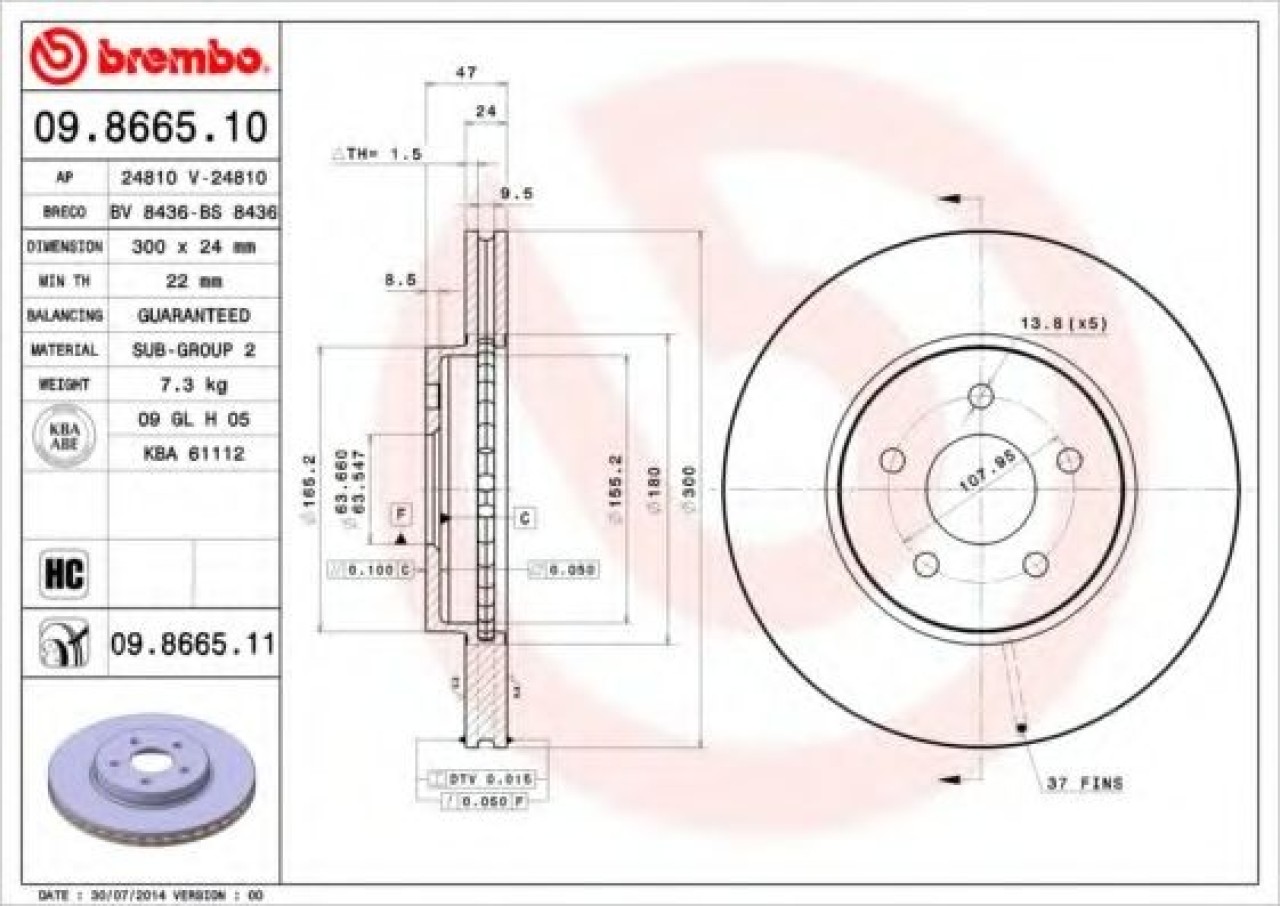 Disc frana JAGUAR X-TYPE Estate (CF1) (2003 - 2009) BREMBO 09.8665.11 piesa NOUA