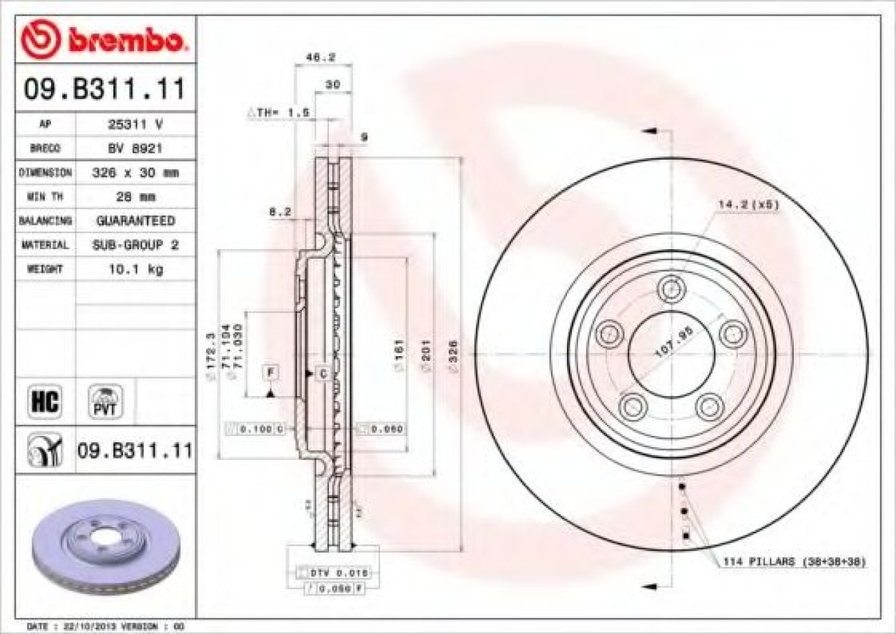 Disc frana JAGUAR XJ (N3, X350, X358) (2003 - 2009) BREMBO 09.B311.11 piesa NOUA