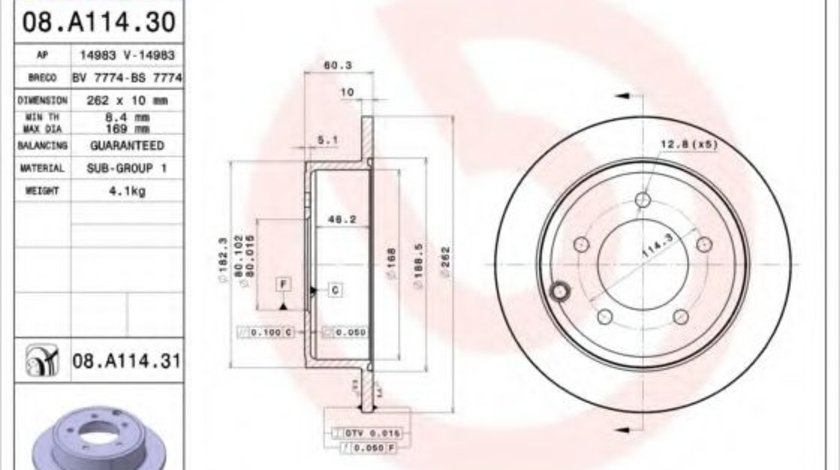 Disc frana JEEP COMPASS (MK49) (2006 - 2016) BREMBO 08.A114.31 piesa NOUA