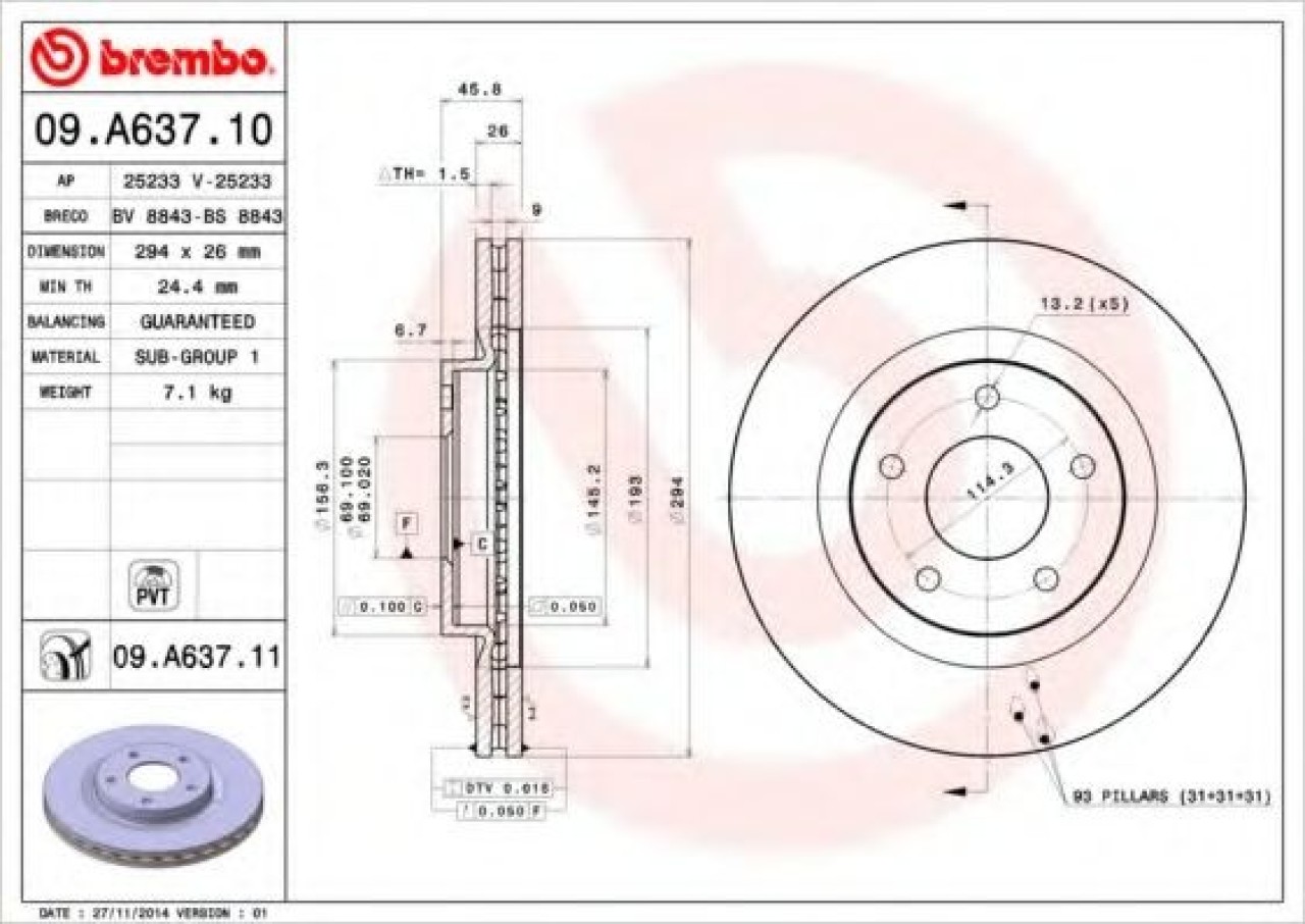 Disc frana JEEP COMPASS (MK49) (2006 - 2016) BREMBO 09.A637.11 piesa NOUA