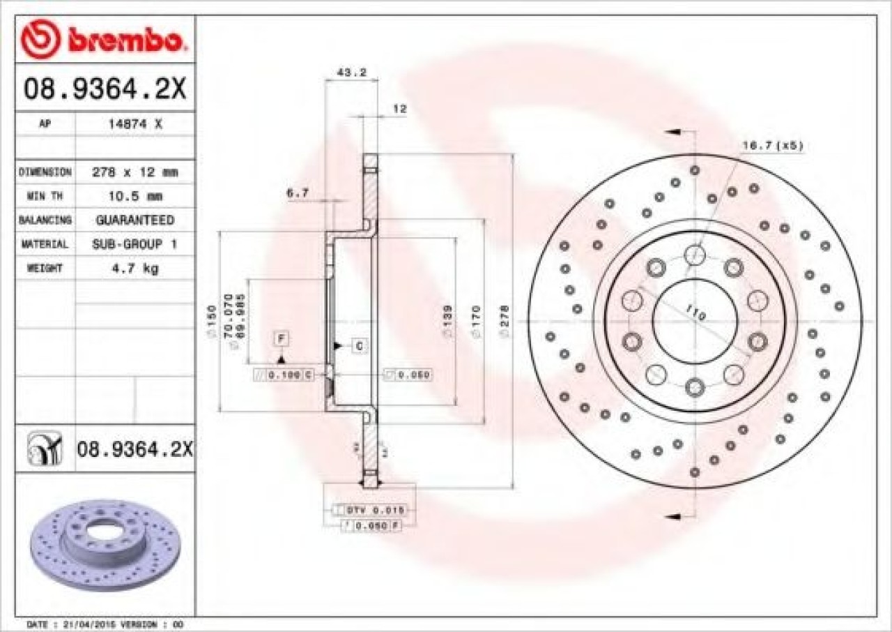 Disc frana JEEP RENEGADE (BU) (2014 - 2016) BREMBO 08.9364.2X piesa NOUA