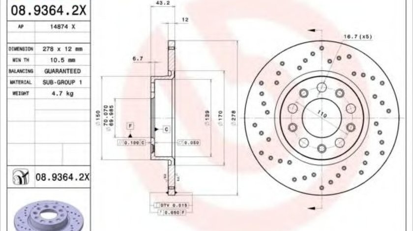 Disc frana JEEP RENEGADE (BU) (2014 - 2016) BREMBO 08.9364.2X piesa NOUA