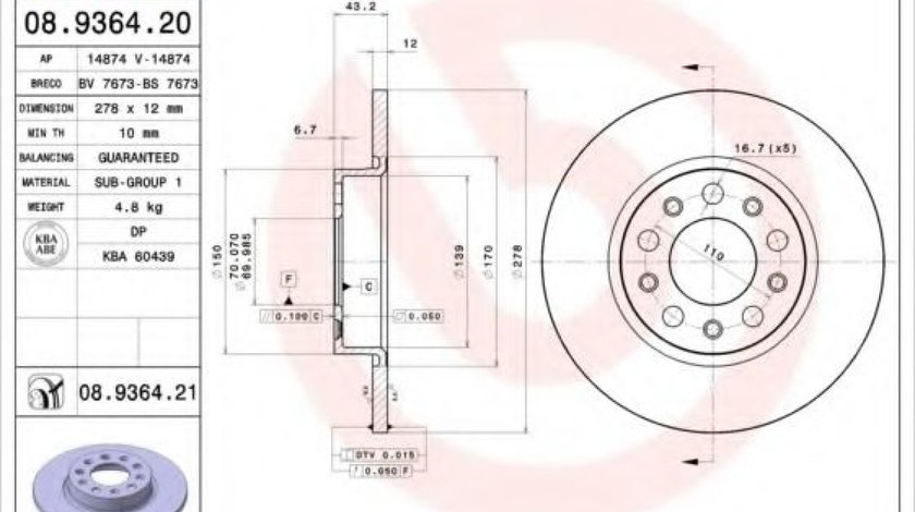 Disc frana JEEP RENEGADE (BU) (2014 - 2016) BREMBO 08.9364.21 piesa NOUA