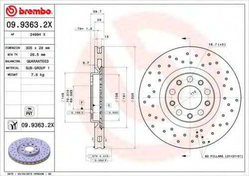 Disc frana JEEP RENEGADE (BU) (2014 - 2016) BREMBO 09.9363.2X piesa NOUA