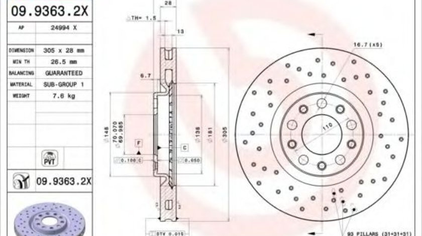 Disc frana JEEP RENEGADE (BU) (2014 - 2016) BREMBO 09.9363.2X piesa NOUA