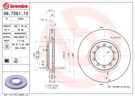 Disc frana KIA CEED Hatchback (ED) (2006 - 2012) BREMBO 09.7261.10 piesa NOUA
