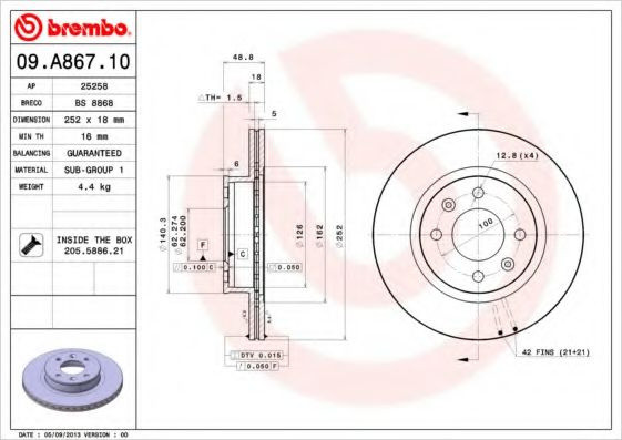 Disc frana KIA PICANTO (BA) (2004 - 2011) BREMBO 09.A867.10 piesa NOUA