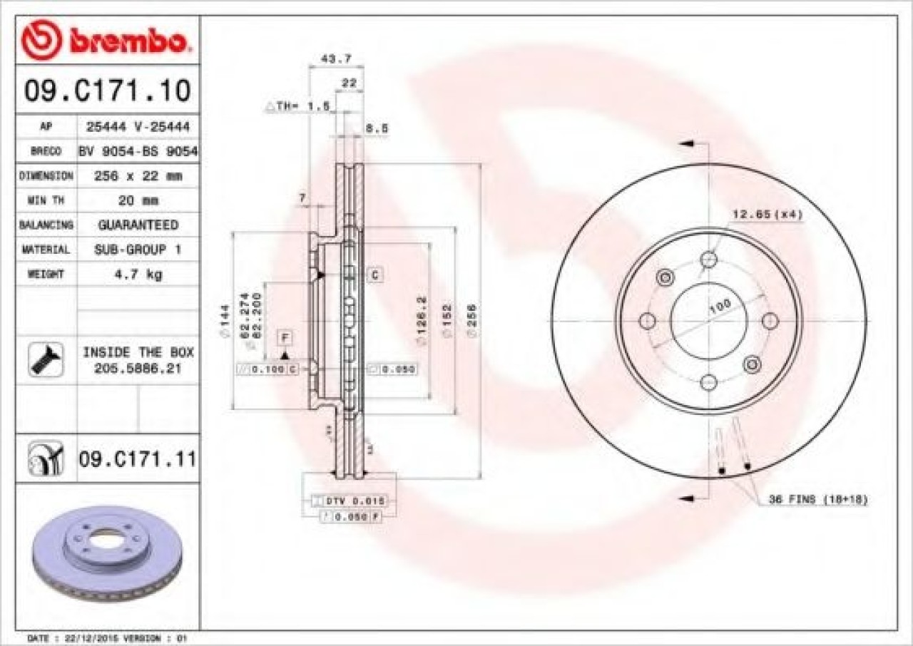 Disc frana KIA RIO III (UB) (2011 - 2016) BREMBO 09.C171.11 piesa NOUA