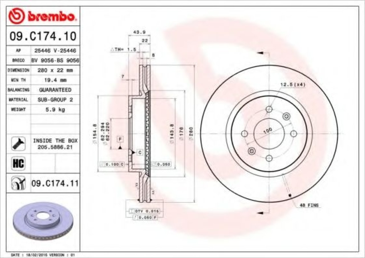 Disc frana KIA RIO III (UB) (2011 - 2016) BREMBO 09.C174.11 piesa NOUA