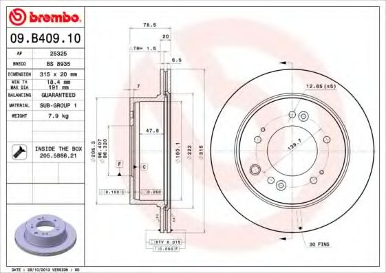Disc frana KIA SORENTO I (JC) (2002 - 2009) BREMBO 09.B409.10 piesa NOUA