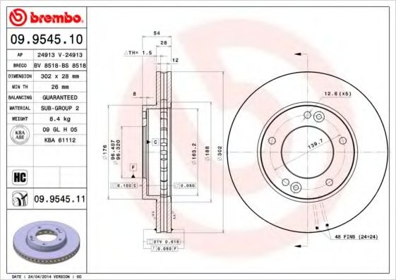 Disc frana KIA SORENTO I (JC) (2002 - 2009) BREMBO 09.9545.11 piesa NOUA