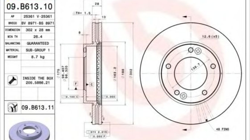 Disc frana KIA SORENTO I (JC) (2002 - 2009) BREMBO 09.B613.11 piesa NOUA