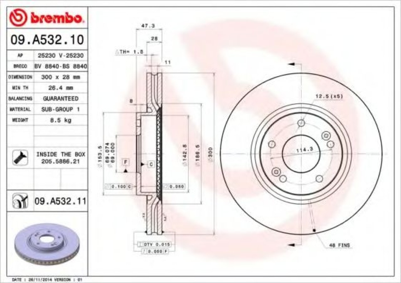 Disc frana KIA SPORTAGE (SL) (2009 - 2016) BREMBO 09.A532.11 piesa NOUA