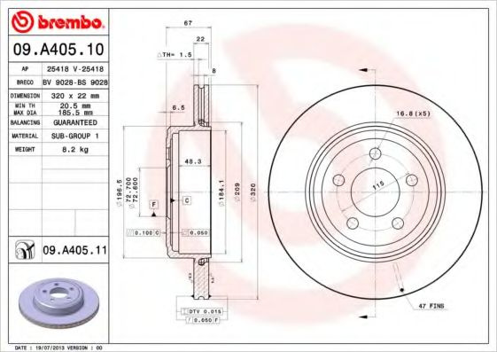 Disc frana LANCIA THEMA (LX) (2011 - 2016) BREMBO 09.A405.11 piesa NOUA