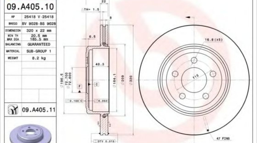 Disc frana LANCIA THEMA (LX) (2011 - 2016) BREMBO 09.A405.11 piesa NOUA