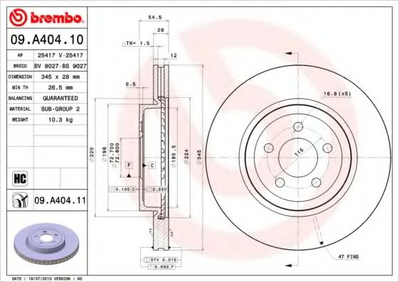 Disc frana LANCIA THEMA (LX) (2011 - 2016) BREMBO 09.A404.11 piesa NOUA