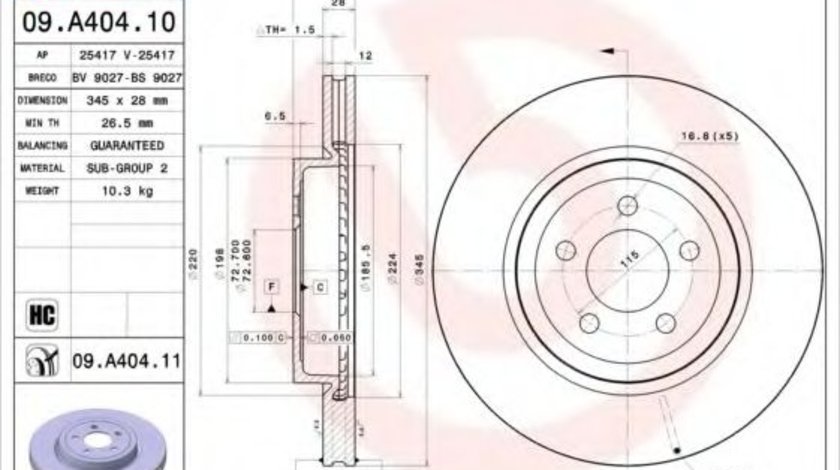 Disc frana LANCIA THEMA (LX) (2011 - 2016) BREMBO 09.A404.11 piesa NOUA