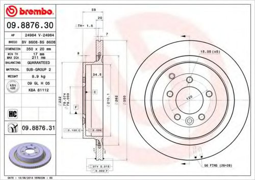 Disc frana LAND ROVER DISCOVERY IV (LA) (2009 - 2016) BREMBO 09.8876.31 piesa NOUA