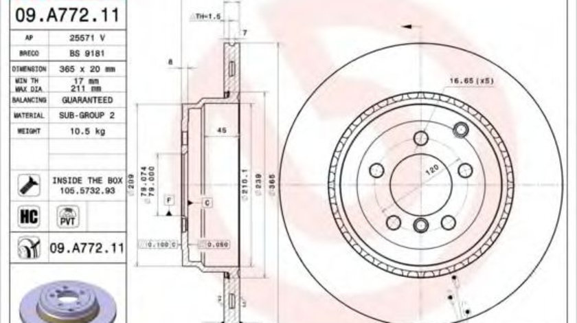 Disc frana LAND ROVER RANGE ROVER III (LM) (2002 - 2012) BREMBO 09.A772.11 piesa NOUA