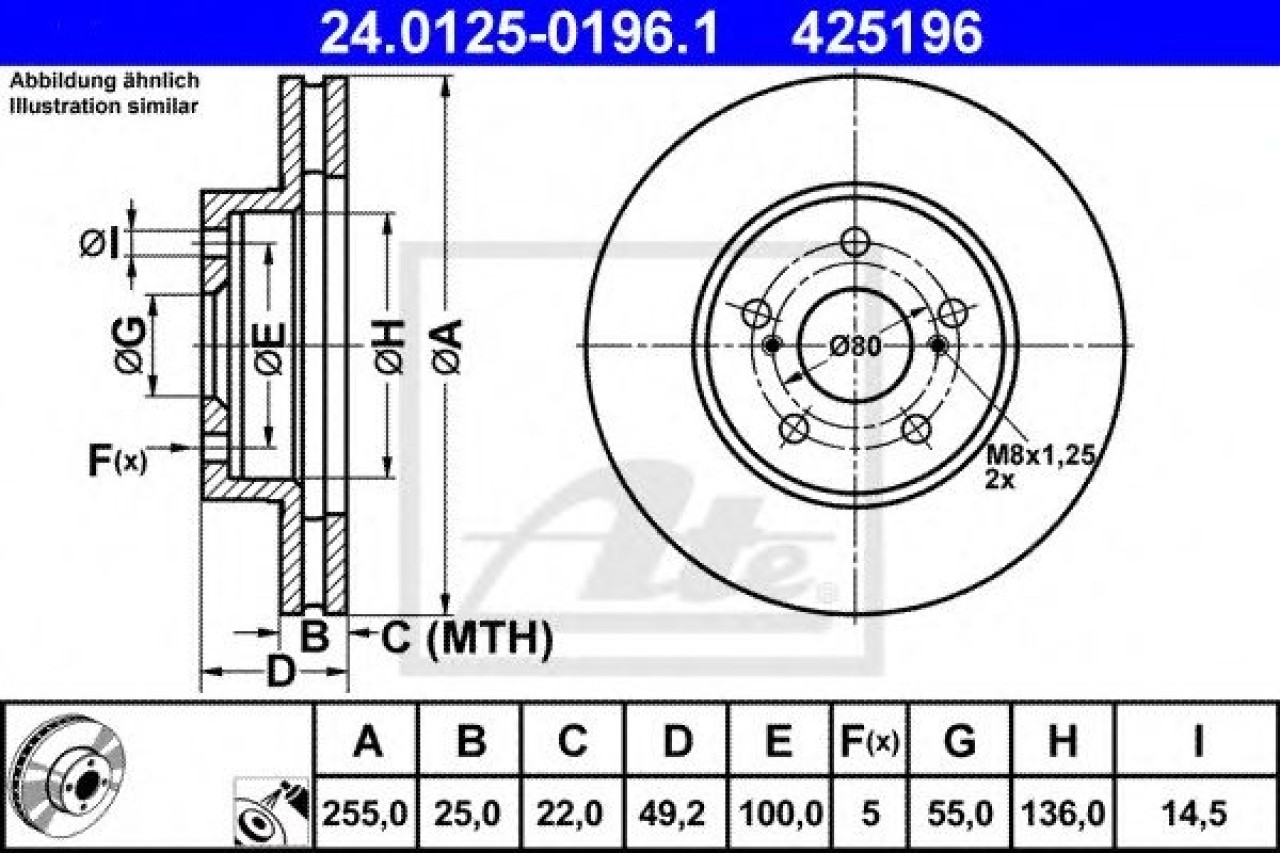 Disc frana LEXUS CT (ZWA1) (2010 - 2016) ATE 24.0125-0196.1 piesa NOUA