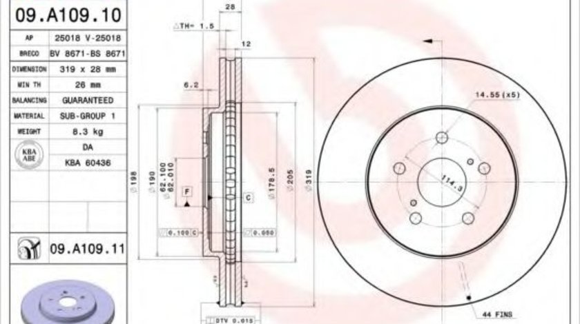 Disc frana LEXUS RX (MHU3, GSU3, MCU3) (2003 - 2008) BREMBO 09.A109.11 piesa NOUA