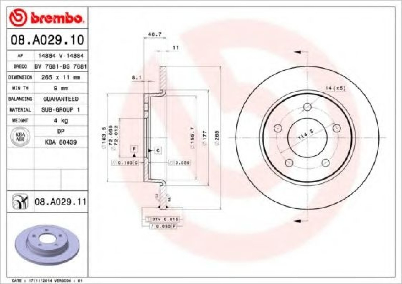 Disc frana MAZDA 3 (BK) (2003 - 2009) BREMBO 08.A029.11 piesa NOUA